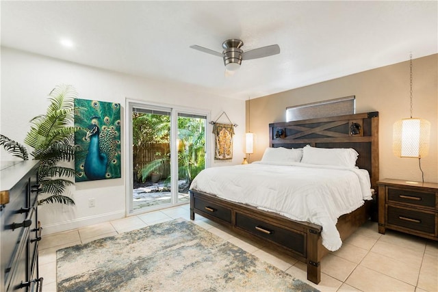 bedroom featuring access to outside, ceiling fan, and light tile patterned flooring