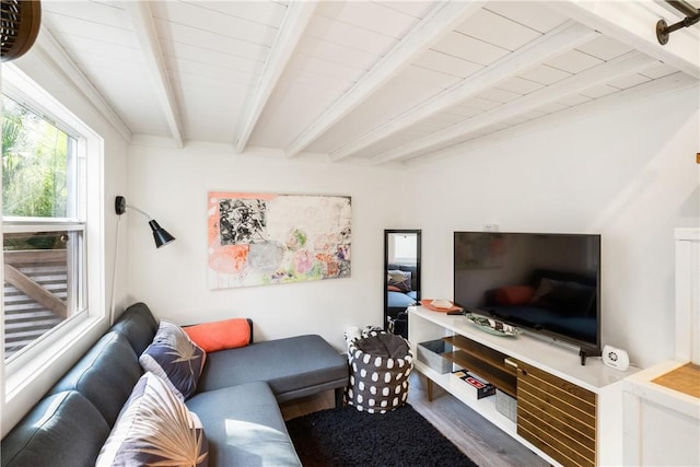 living room featuring beam ceiling and hardwood / wood-style flooring