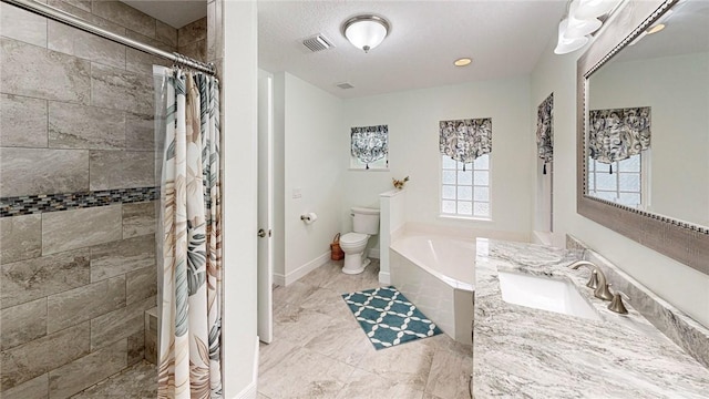 full bathroom featuring plus walk in shower, a textured ceiling, vanity, and toilet