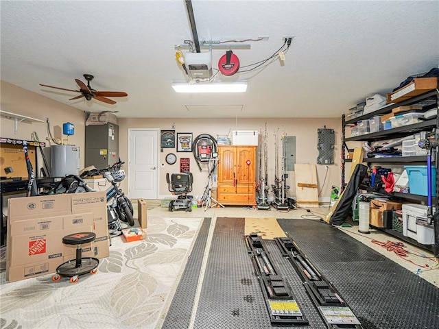 garage with electric water heater, a garage door opener, electric panel, ceiling fan, and heating unit