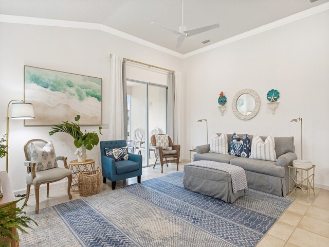 tiled living room with ceiling fan, crown molding, and vaulted ceiling