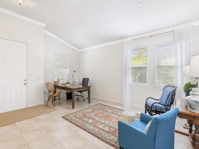 tiled home office featuring vaulted ceiling and crown molding