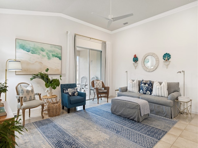 living room with lofted ceiling, ceiling fan, light tile patterned floors, and crown molding