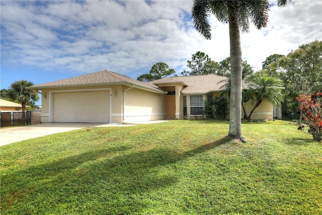 view of front of house featuring stucco siding, concrete driveway, a front yard, fence, and a garage