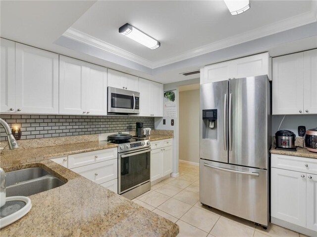 kitchen featuring white cabinets, appliances with stainless steel finishes, tasteful backsplash, and sink