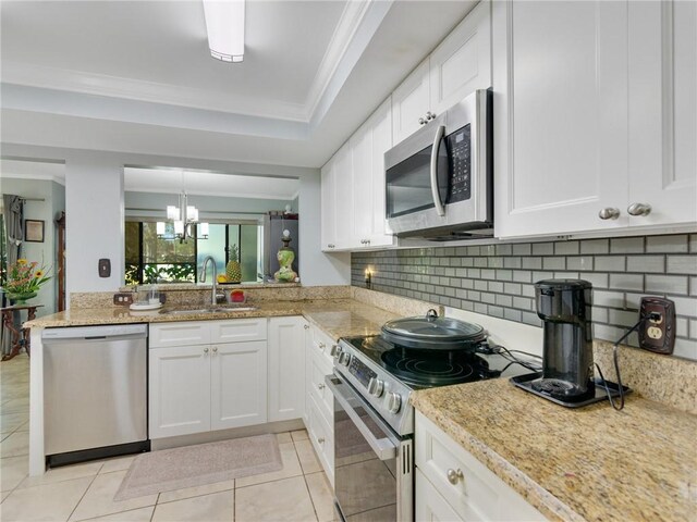 kitchen featuring white cabinets, sink, tasteful backsplash, kitchen peninsula, and stainless steel appliances