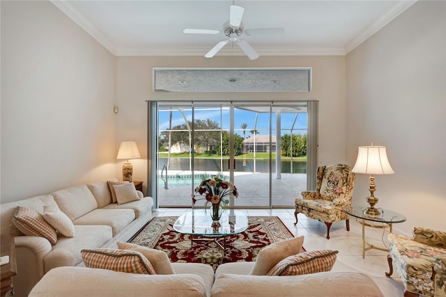 living area featuring light tile patterned floors, ornamental molding, and ceiling fan