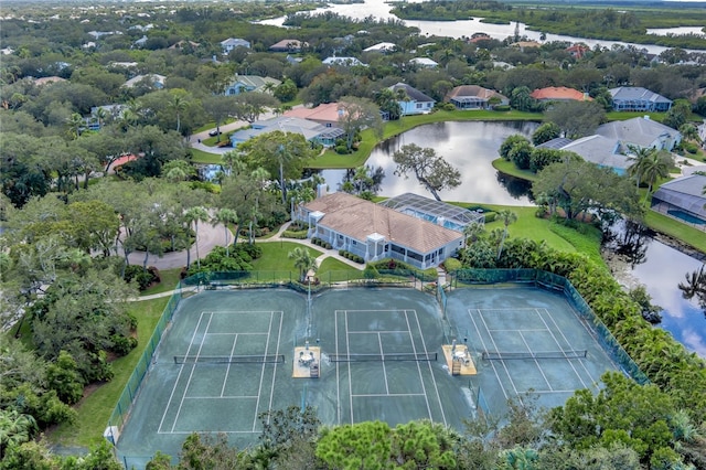 aerial view with a water view and a residential view