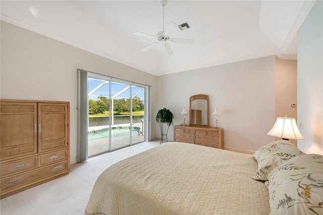 bedroom with baseboards, visible vents, light carpet, crown molding, and access to outside