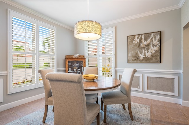 tiled dining space with ornamental molding