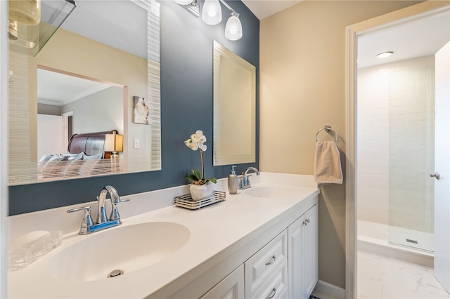 bathroom featuring ornamental molding, vanity, and a shower