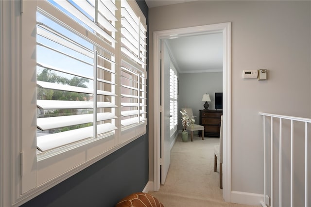 hall featuring light colored carpet, a healthy amount of sunlight, and crown molding