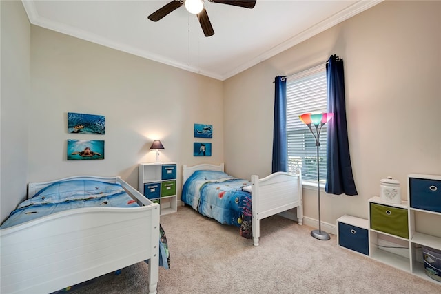 bedroom with multiple windows, light colored carpet, ceiling fan, and ornamental molding