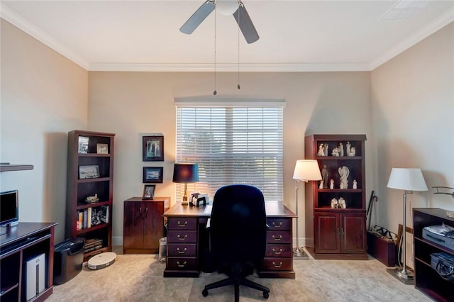 office space with ceiling fan and ornamental molding