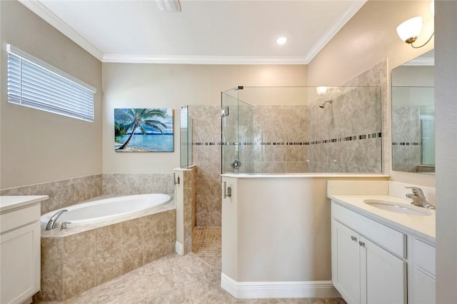 bathroom featuring tile patterned floors, vanity, crown molding, and independent shower and bath