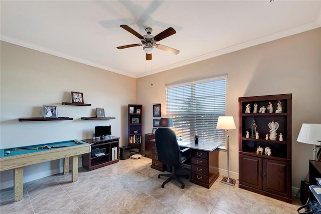 office with ceiling fan and ornamental molding