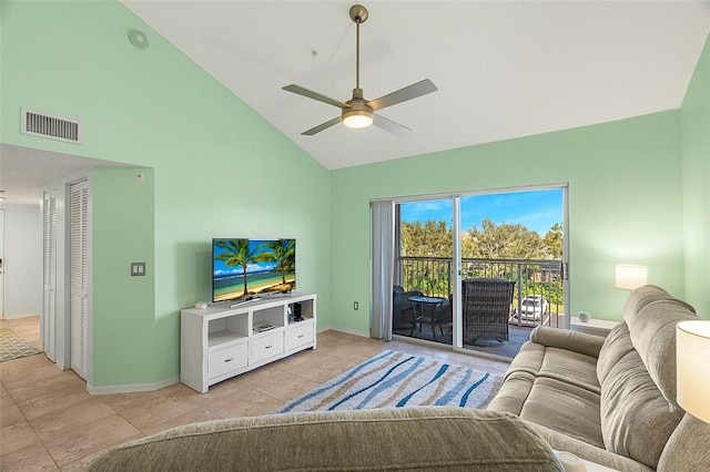 living room featuring ceiling fan, high vaulted ceiling, and light tile patterned floors