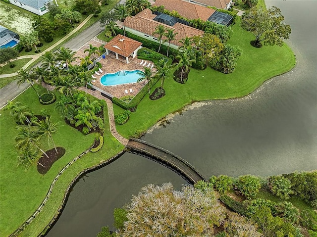 drone / aerial view featuring a water view