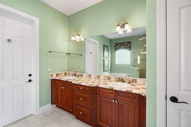 bathroom with tile patterned flooring, an enclosed shower, and vanity