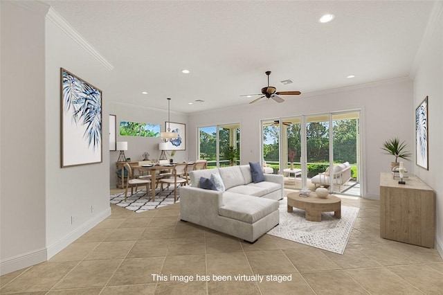 living room featuring ceiling fan, light tile patterned floors, and ornamental molding