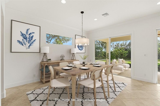 tiled dining area with ornamental molding