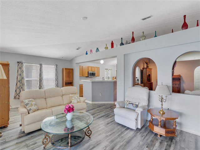 2540 12th Sq SW, Vero Beach, FL 32968 - living area featuring lofted ceiling, light wood finished floors, arched walkways, and a textured ceiling