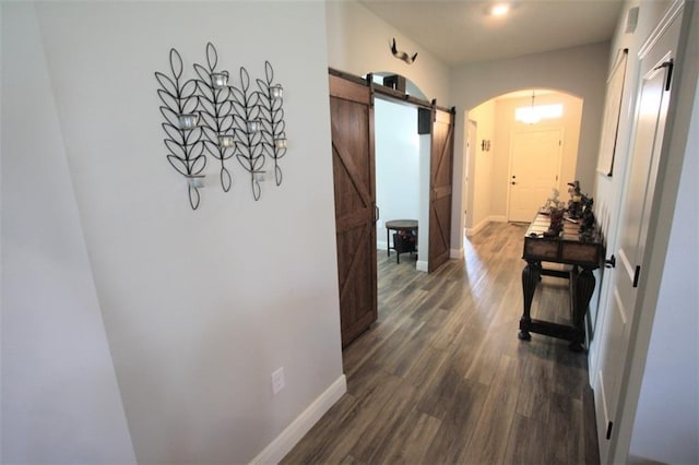 hallway with a barn door and dark hardwood / wood-style flooring