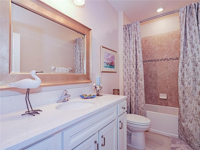 full bathroom with toilet, tile patterned flooring, shower / tub combo, and vanity