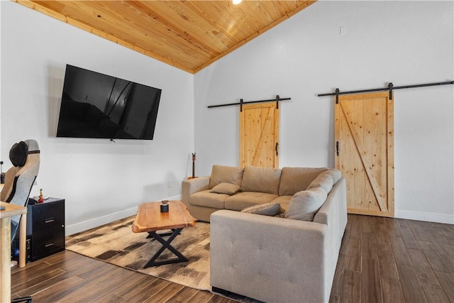 living room with dark wood-style floors, a barn door, vaulted ceiling, and wooden ceiling