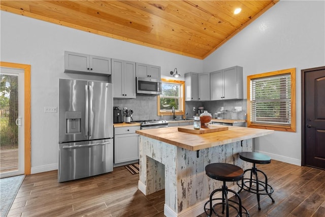 kitchen with stainless steel appliances, a kitchen island, wood counters, and gray cabinetry