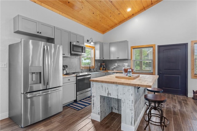 kitchen featuring butcher block counters, appliances with stainless steel finishes, dark wood-type flooring, a kitchen island, and wooden ceiling