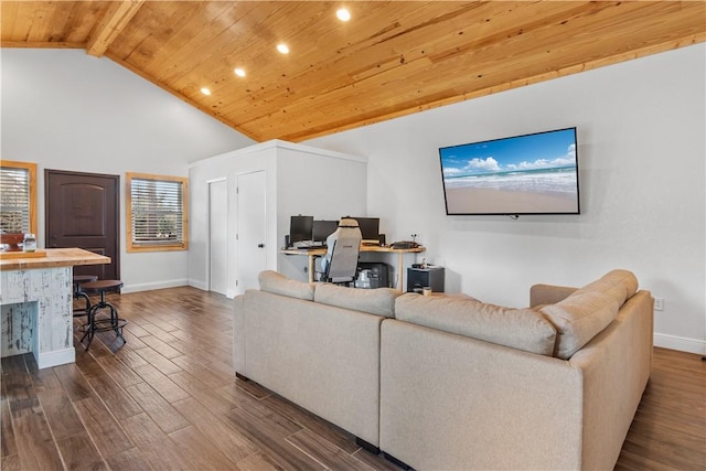 living room featuring baseboards, wood ceiling, wood finished floors, beamed ceiling, and high vaulted ceiling