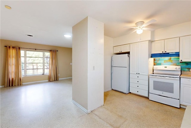 kitchen featuring ceiling fan, white cabinetry, white appliances, and tasteful backsplash