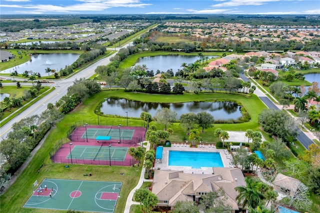 drone / aerial view with a water view