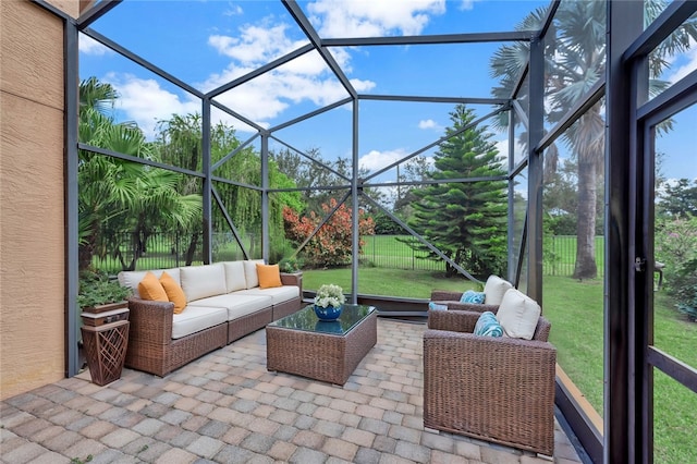 view of patio / terrace with a lanai and outdoor lounge area