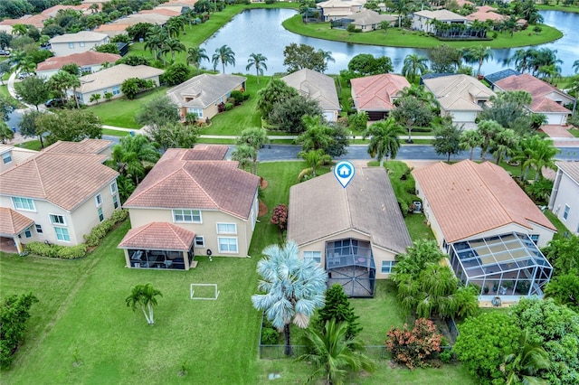 drone / aerial view featuring a water view