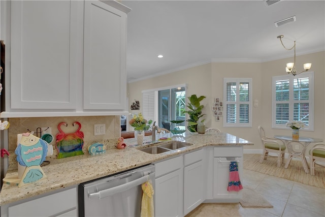 kitchen featuring dishwasher, plenty of natural light, sink, and white cabinets