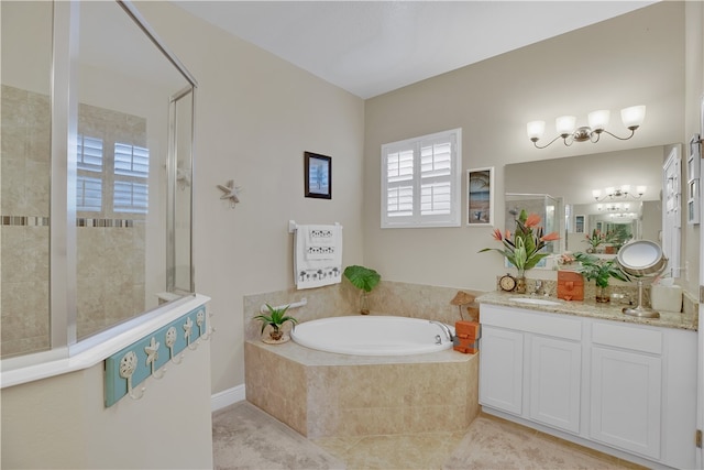 bathroom featuring tile patterned flooring, vanity, and independent shower and bath