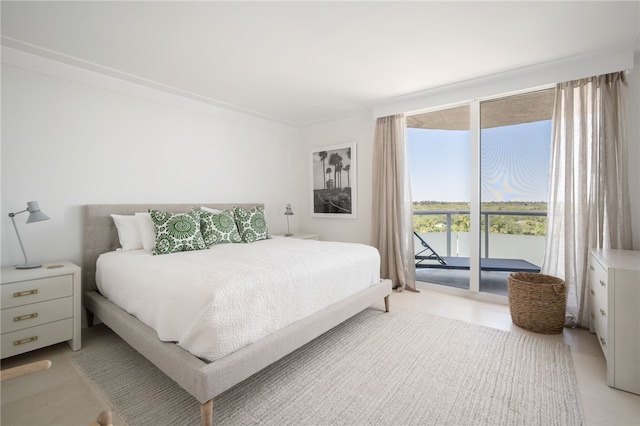 bedroom with access to exterior, ornamental molding, and multiple windows