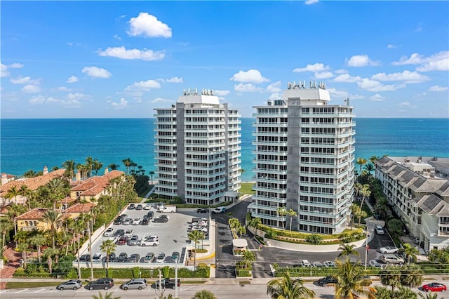 drone / aerial view with a water view