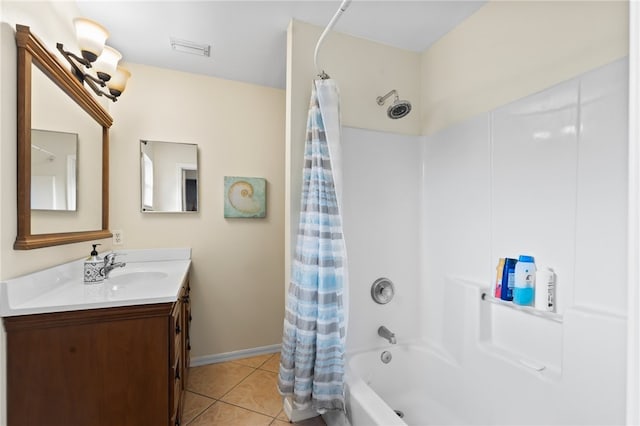 bathroom featuring vanity, tile patterned floors, and shower / bathtub combination with curtain