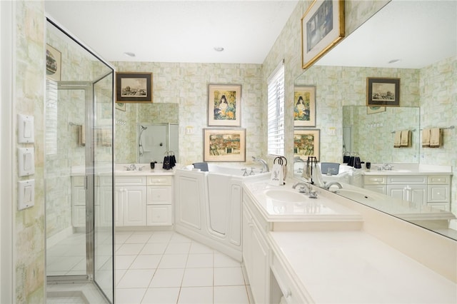 bathroom with vanity, tile patterned flooring, and plus walk in shower