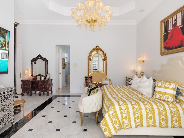 7 Beachside Dr, Vero Beach, FL 32963 - bedroom with a chandelier, tile patterned floors, a raised ceiling, and ornamental molding