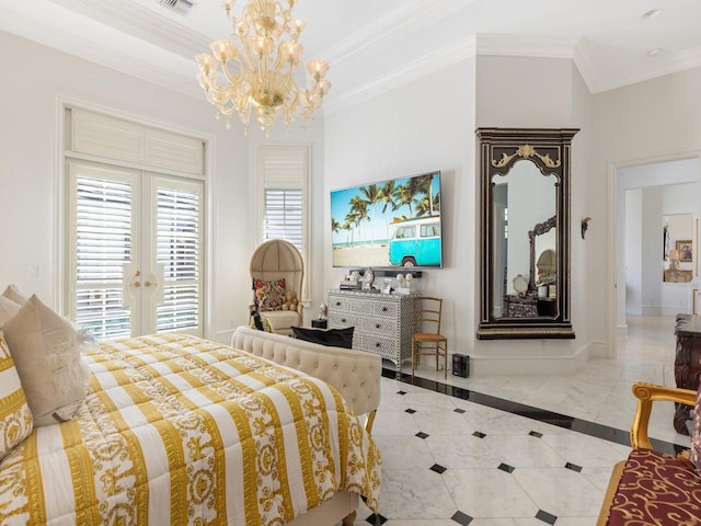 7 Beachside Dr, Vero Beach, FL 32963 - tiled bedroom with baseboards, a notable chandelier, ornamental molding, and visible vents