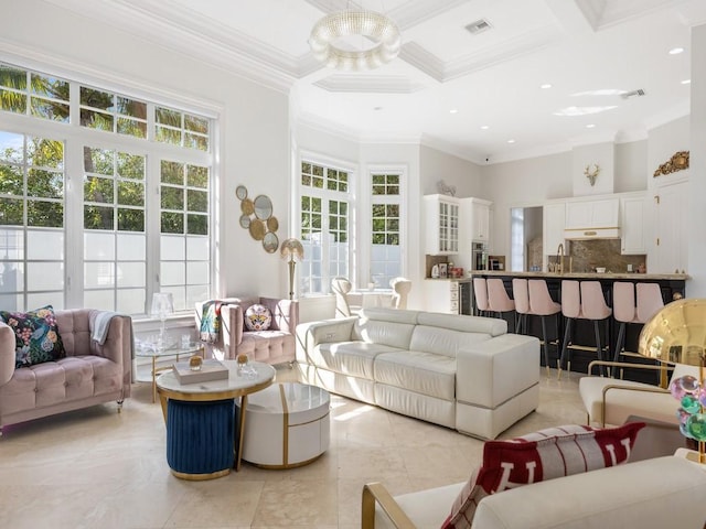 7 Beachside Dr, Vero Beach, FL 32963 - living room featuring recessed lighting, visible vents, crown molding, and coffered ceiling