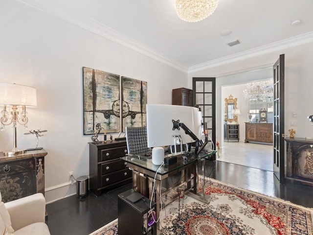 7 Beachside Dr, Vero Beach, FL 32963 - home office with a notable chandelier, baseboards, ornamental molding, dark wood-type flooring, and visible vents