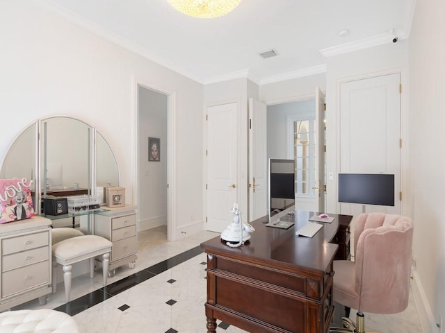 7 Beachside Dr, Vero Beach, FL 32963 - office area with crown molding, light tile patterned floors, baseboards, and visible vents