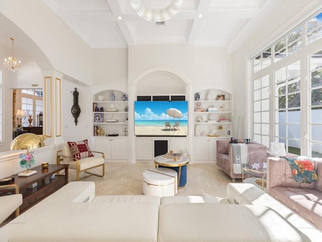 7 Beachside Dr, Vero Beach, FL 32963 - living area with plenty of natural light, built in features, and coffered ceiling