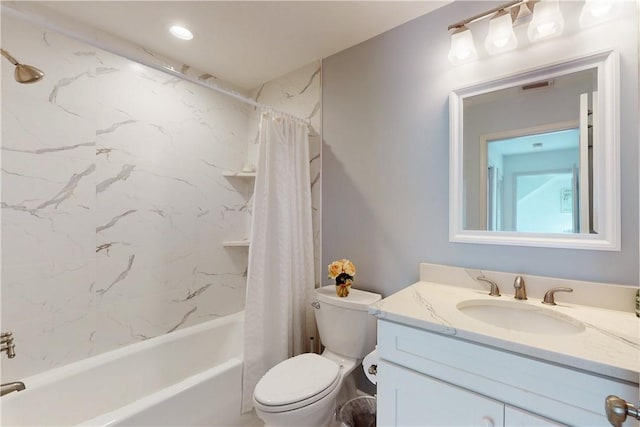 full bathroom with shower / tub combo, visible vents, vanity, and toilet