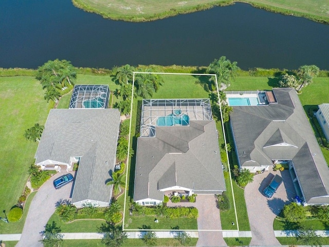 aerial view featuring a water view